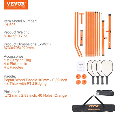 VEVOR Pickleball Net Set, 22FT Regulation Size Portable Pickleball System with Carrying Bag & Balls & Paddles, Weather Resistant Steady Metal Frame & Strong PE Net, for Outdoor Backyard Driveway